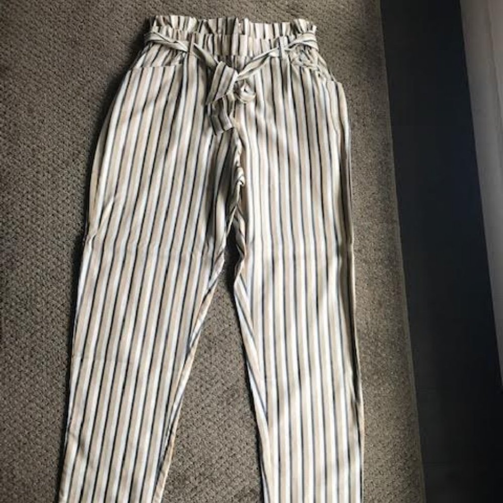 Tan and Black Striped Paper Bag Pants
